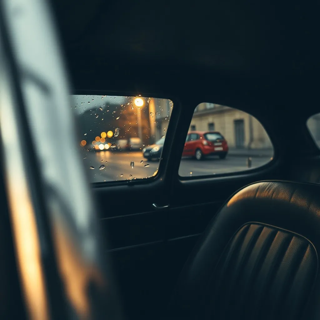 A moody, cinematic wide shot of a classic car interior with