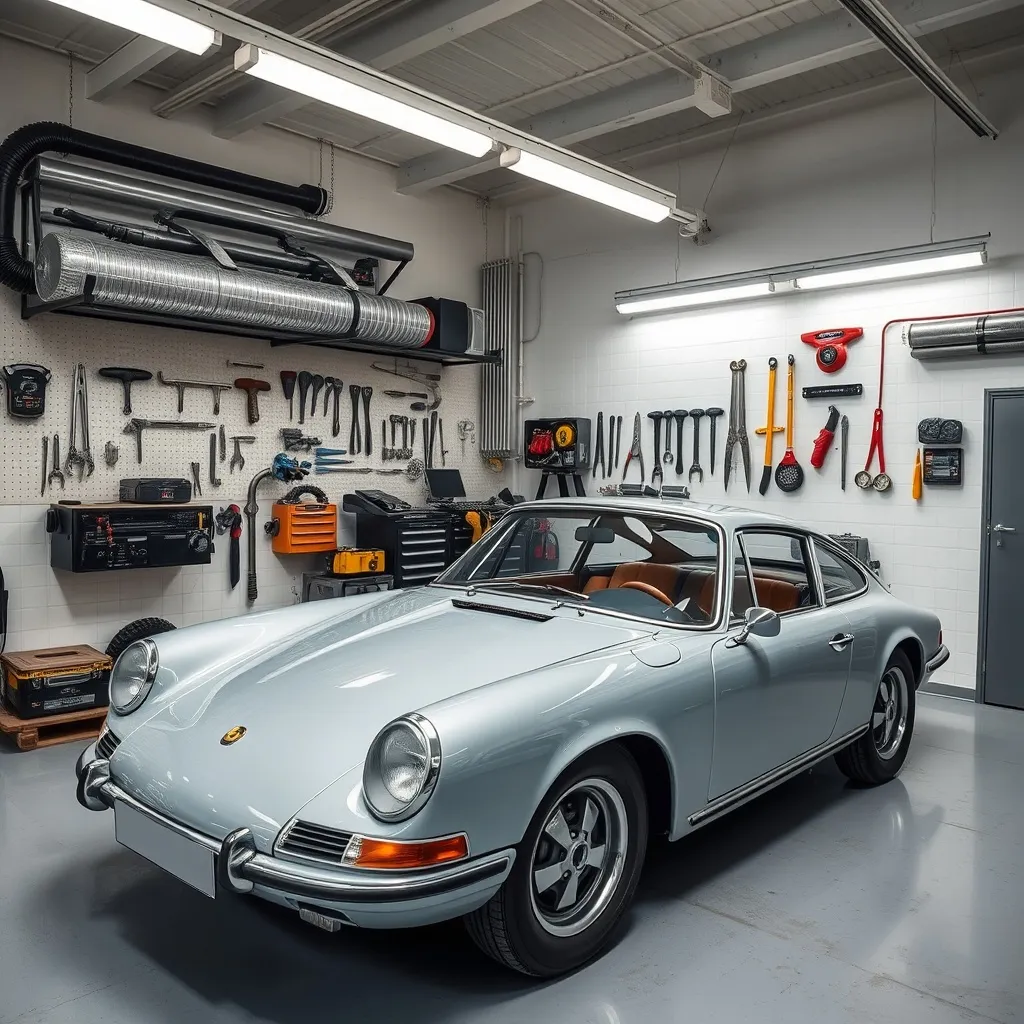 A clean, professional car restoration workshop in Arlon, spe