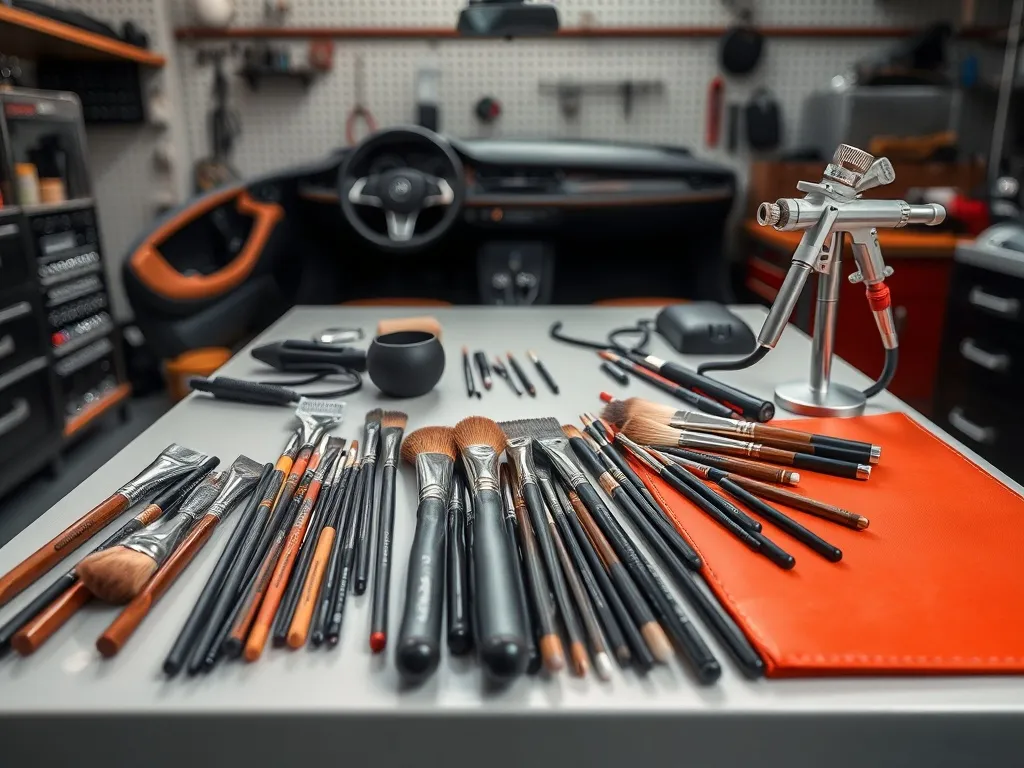 Professional detailing brushes and airbrush equipment laid o